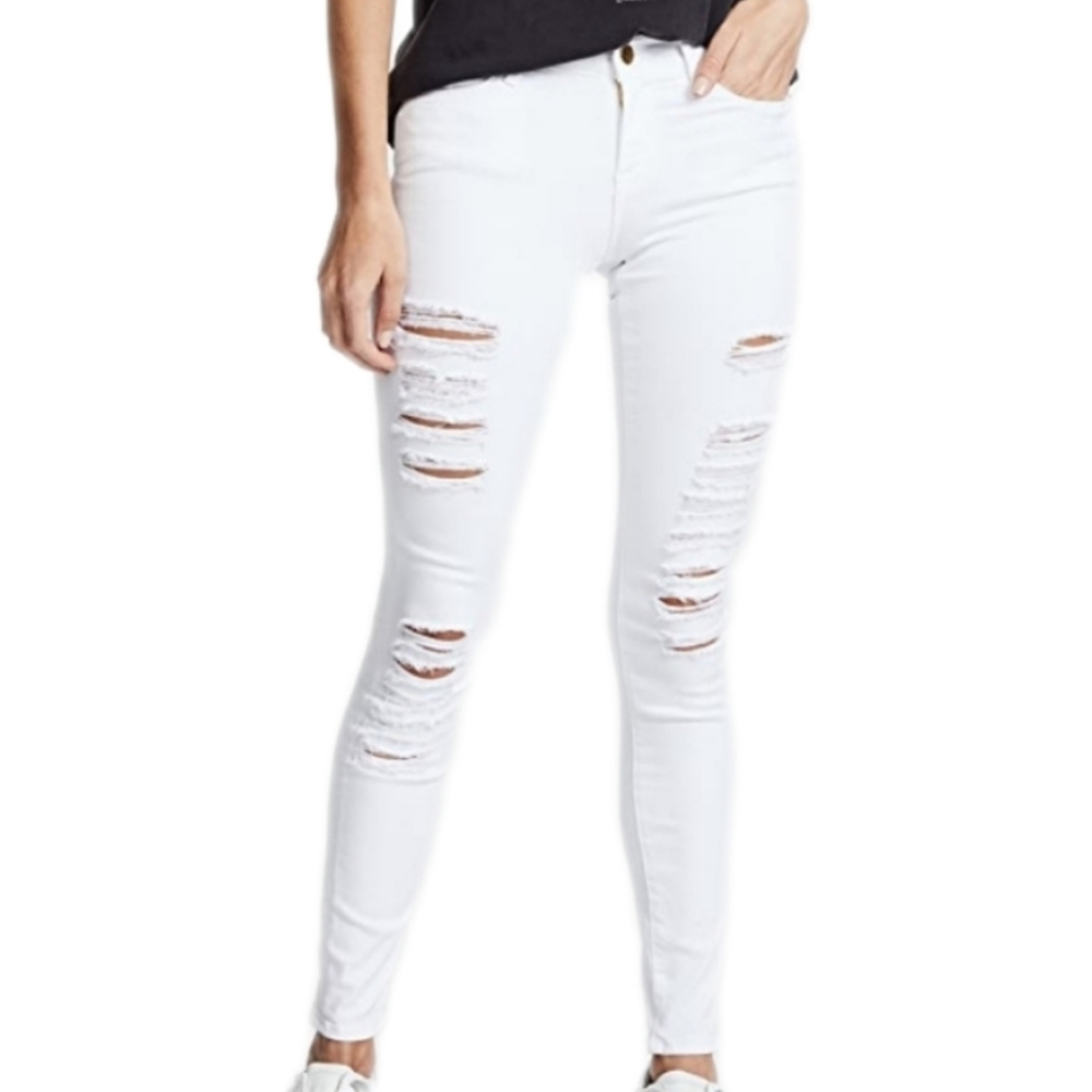 Frame Denim Le Skinny de Jeanne Color Ripped Distressed White Jeans Size 25